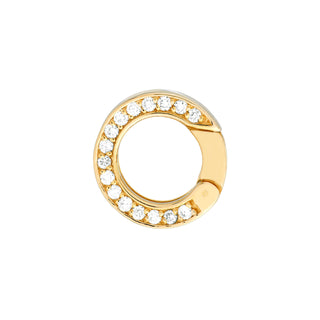 A round connector clasp made with a push spring closure and a row of diamonds on the front. 
