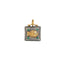 A square silver pendant with a gold fish on the top. The fish has diamond eye and there are four emeralds set at the four corners on the pendant. 