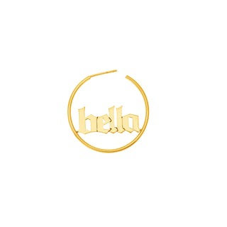 Gothic font name plate hoop earrings with back. 