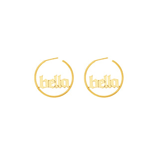 Gothic font name plate hoop earrings with back. 