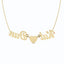 A solid gold necklace with custom name plates for two names. A diamond heart is attached in between the names with each person's birthstone set on the back of the names. Attached with a sturdy cable chain and finished with lobster clasp. 