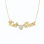 A solid gold necklace with custom name plates for two names. A diamond heart is attached in between the names with each person's birthstone set on the back of the names. Attached with a sturdy cable chain and finished with lobster clasp. 