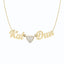A solid gold necklace with custom name plates for two names. A diamond heart is attached in between the names with each person's birthstone set on the back of the names. Attached with a sturdy cable chain and finished with lobster clasp. 