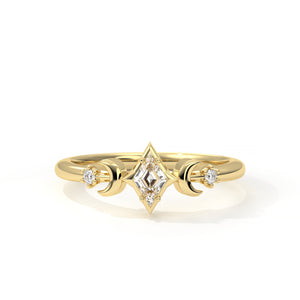 Gold ring with diamond accents on a white background