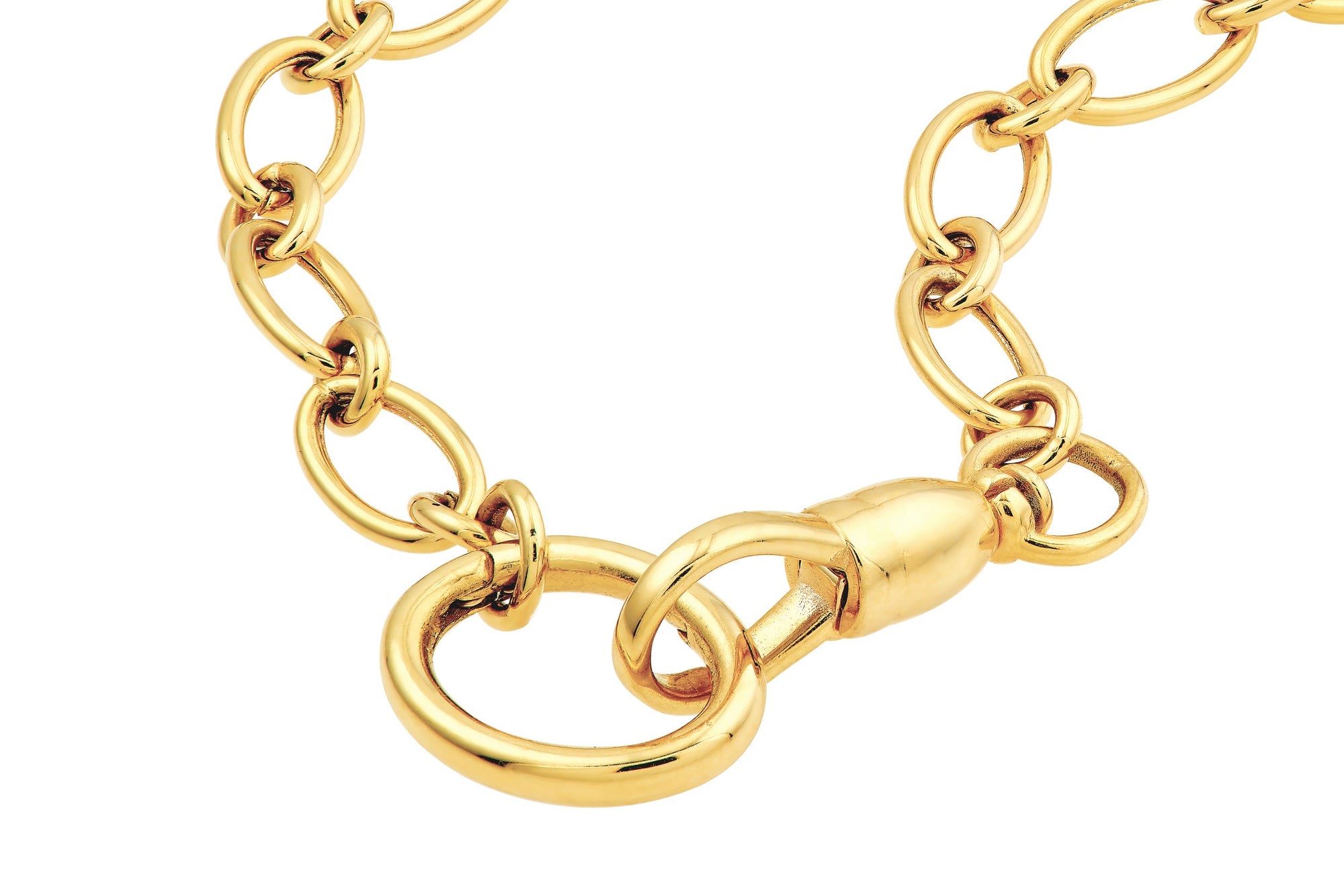 A yellow gold oval link chain with two open connector clasps