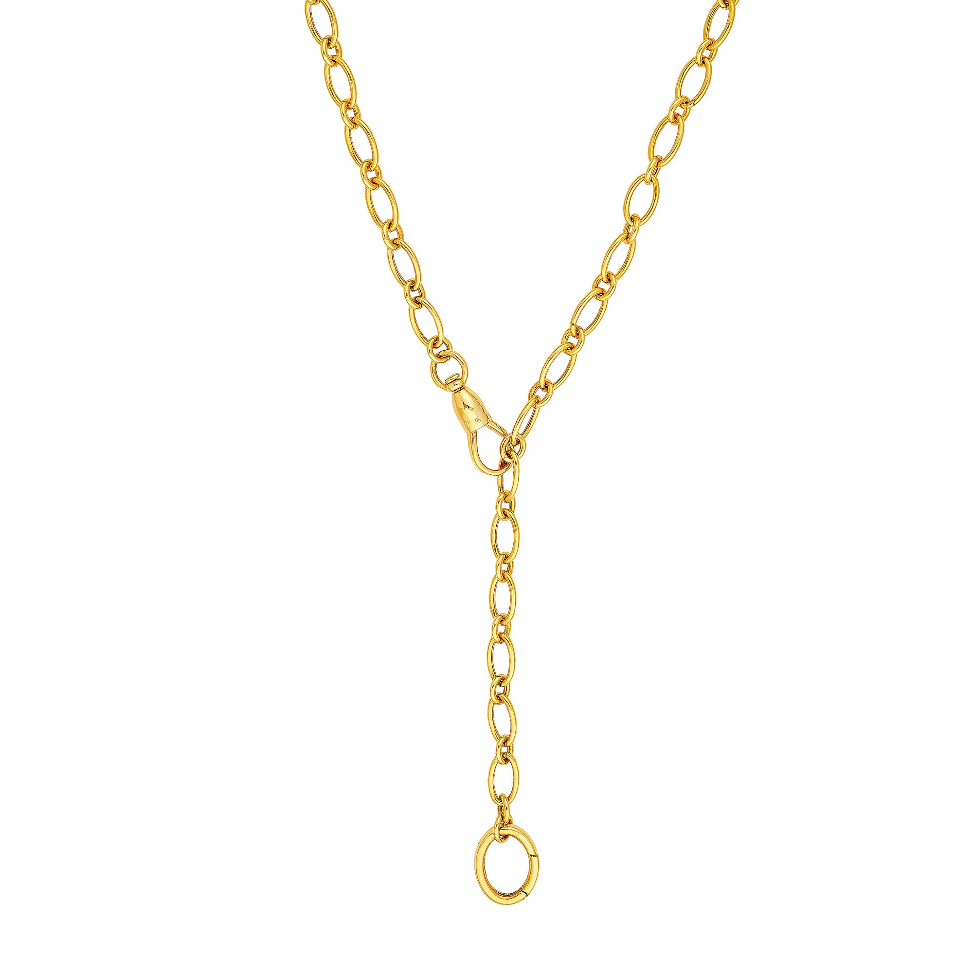 A yellow gold oval link chain with two open connector clasps