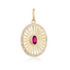 A yellow gold oval pendant with an oval ruby center and a pave diamond boarder and a ray design. 