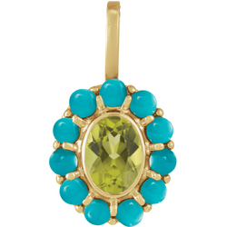 An oval pendant with a faceted colored center stone and a halo. There are eleven colored gemstone in the halo creating a vintage look. 