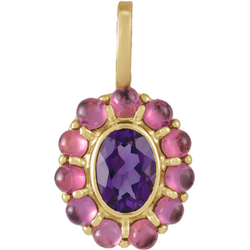 An oval pendant with a faceted colored center stone and a halo. There are eleven colored gemstone in the halo creating a vintage look. 