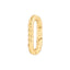 A solid gold oval carabiner snap connector. The connector has a twisted rope design. 