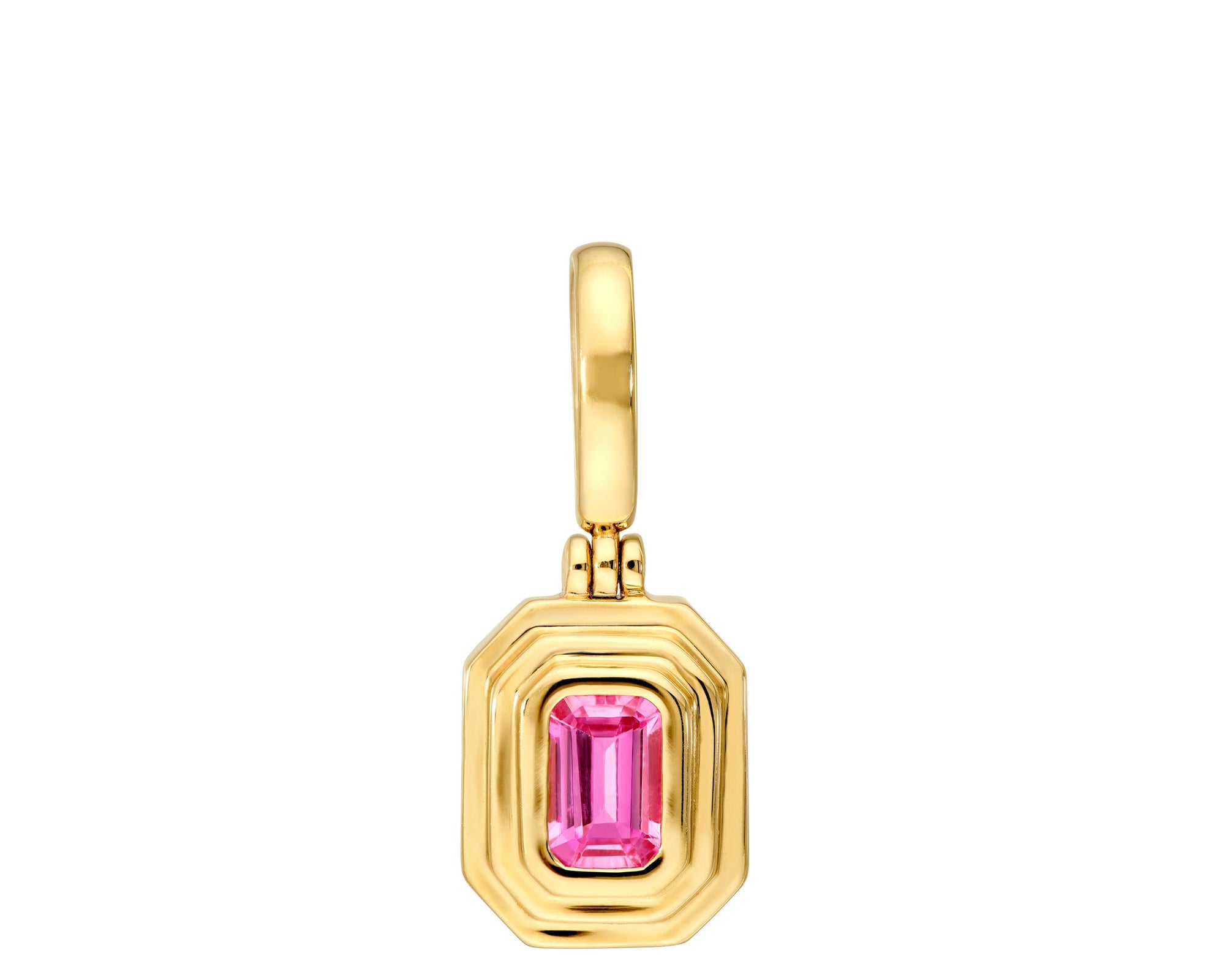 pink sapphire emerald cut with double bezel, pendant