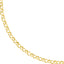 A gold chain with round rolo links and two round loops at the ends meant to be worn with connector or lock clasp.