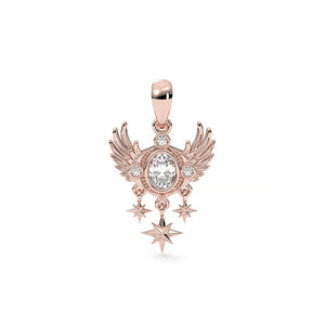 Rose gold pendant with wings and star elements on a white background