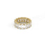 Gold ring with emerald-cut diamonds on a white background