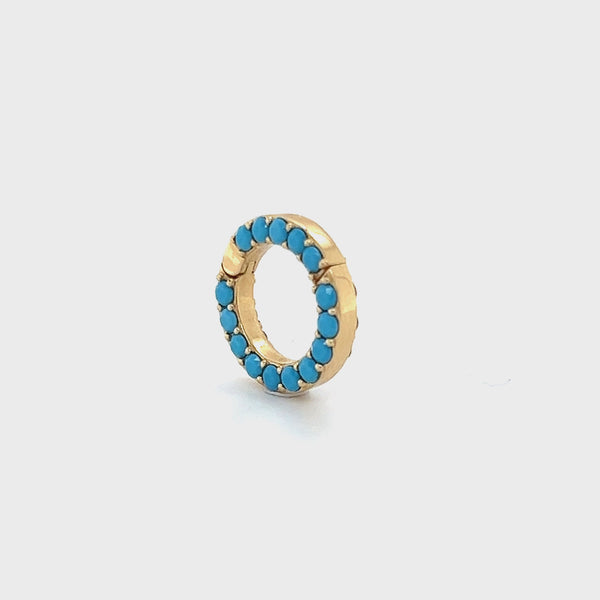 Double sided pave necklace connector, one side diamond and one side turquoise. In round shape snap closure. 