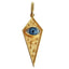 A elongated kite shaped pedant with a blue eye at the center with scattered star designs across the front. 