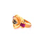 A gold vermeil heart ring with two ruby pillar designs are two sides of the heart and in the center of the heart, there is a realistic eye with heart iris.