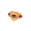 A gold vermeil heart ring with two ruby pillar designs are two sides of the heart and in the center of the heart, there is a realistic eye with heart iris.