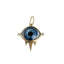 A solid gold pendant with realistic eye set in the center. Available in blue and green. Bezel set with two diamonds on the sides and spike design on the bottom.