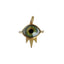 A solid gold pendant with realistic eye set in the center. Available in blue and green. Bezel set with two diamonds on the sides and spike design on the bottom.