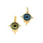 A solid gold pendant with realistic eye set in the center. Available in blue and green. Bezel set with two diamonds on the sides and spike design on the bottom.