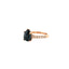 A vintage ring featuring black diamond in a pear shape, the diamond set with five prongs and has a diamond pave band on rose gold. 