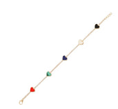 A heart tennis bracelet with rainbow colored heart station on the links. There are five different colored heart, red coral, green malachite, blue lapis, white mother of pearl and black onyx. 