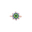 A solid gold ring with hand painted green eye set in a bezel set ring. The frame has a gold beaded design. 