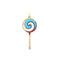 A gold lollipop charm with colored gemstone in lay. The head of the lollypop has a swirl pattern where the stone in lay is set. 