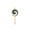 A gold lollipop charm with colored gemstone in lay. The head of the lollypop has a swirl pattern where the stone in lay is set. 