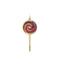 A gold lollipop charm with colored gemstone in lay. The head of the lollypop has a swirl pattern where the stone in lay is set. 