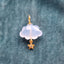 A storm cloud pendant with a hand carved gemstone and a solid gold charm attached at the bottom of the cloud.