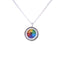 A hand painted rainbow eye set in a round bezel frame. Attached to a silver chain with lobster clasp. 