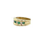 Product picture of a vintage diamond and emerald alternate gemstone band. The ring is made in solid gold and has a thick boarder on top and bottom of the row of stones. 