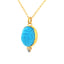 A carved scarab turquoise stone set in bezel setting with three diamonds on the bottom. The pendant is attached to a rolo chain with a lobster clasp. 
