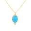 A carved scarab turquoise stone set in bezel setting with three diamonds on the bottom. The pendant is attached to a rolo chain with a lobster clasp. 